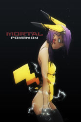 Rule 34 | 1girl, black gloves, black thighhighs, breasts, clenched hand, colored sclera, commentary, creatures (company), cyborg, dark-skinned female, dark skin, electricity, english commentary, from side, game freak, gen 1 pokemon, gloves, grey sclera, hair over shoulder, highleg, highleg leotard, highres, leotard, looking at viewer, mecha musume, mechanical ears, mechanical tail, medium hair, nintendo, personification, pikachu, pikachu ears, pikachu tail, pokemon, pokemon ears, pokemon tail, purple hair, slivokuch, small breasts, solo, strapless, strapless leotard, tail, thighhighs, white eyes, yellow leotard