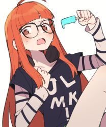 Rule 34 | 1girl, absurdres, ahoge, black-framed eyewear, black shirt, blunt bangs, blush, brown eyes, clothes pull, collarbone, do m kaeru, food, furrowed brow, glasses, green shorts, hands up, headphones, headphones around neck, highres, holding, holding food, holding popsicle, layered shirt, leg up, long hair, long sleeves, looking at viewer, no pupils, open mouth, orange hair, persona, persona 5, popsicle, print shirt, sakura futaba, shirt, shirt pull, short sleeves, shorts, sidelocks, simple background, solo, straight hair, striped clothes, striped shirt, sweat, two-tone shirt, upper body, very long hair, wavy mouth, white background, white shirt