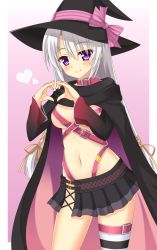 Rule 34 | 1girl, ayachi nene, belt, belt bra, black cape, black skirt, blush, bow, breasts, cape, closed mouth, collar, cowboy shot, detached sleeves, hair ribbon, hands up, hat, hat bow, heart, heart hands, highres, houkiboshi, long hair, looking at viewer, low-tied long hair, medium breasts, microskirt, miniskirt, navel, pink bow, purple eyes, ribbon, sanoba witch, silver hair, single thighhigh, skirt, smile, solo, stomach, striped clothes, striped thighhighs, thigh strap, thighhighs, very long hair, witch hat, yellow ribbon