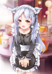 Rule 34 | 1girl, :d, animal ear fluff, animal ears, apron, black dress, black ribbon, blush, breasts, cat ears, cat girl, cat tail, chain, dress, ear piercing, food, frilled apron, frilled dress, frilled sleeves, frills, fruit, highres, holding, holding tray, jug (bottle), lemon, lemon slice, long hair, long sleeves, looking at viewer, maid, maid headdress, medium breasts, mutang, neck ribbon, open mouth, original, piercing, red eyes, ribbon, silver hair, sleeves past wrists, smile, solo, tail, tray, very long hair, white apron