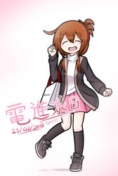 Rule 34 | 1girl, :d, ^ ^, bag, black footwear, black jacket, black socks, blush, brown hair, closed eyes, commentary request, dated, folded ponytail, hair between eyes, highres, inazuma (kancolle), jacket, kantai collection, kneehighs, long hair, looking at viewer, open clothes, open jacket, open mouth, pink skirt, pleated skirt, raythalosm, shirt, shoes, shopping bag, sidelocks, skirt, smile, socks, solo, standing, standing on one leg, translation request, white shirt