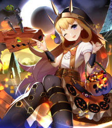 Rule 34 | 10s, 1girl, :p, black pantyhose, blonde hair, blush, cagliostro (granblue fantasy), cagliostro (halloween) (granblue fantasy), candy, dragon, eclipse, food, frills, granblue fantasy, hairband, halloween, highres, hood, jack-o&#039;-lantern, kurogoma (haruhi3), long hair, looking at viewer, moon, night, open mouth, outdoors, pantyhose, print pantyhose, purple eyes, short sleeves, sitting, skirt, smile, solo, star (symbol), suspender skirt, suspenders, tongue, tongue out, town, very long hair