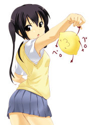Rule 34 | 1girl, :3, ^ ^, ^w^, closed eyes, food, fruit, highres, iga tamaki, k-on!, lemon, nakano azusa, outstretched arm, reaching, school uniform, simple background, skirt, solo, sweater vest