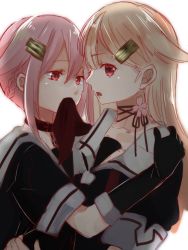 Rule 34 | 10s, 2girls, blonde hair, collar, fang, gloves, hair flaps, hands on another&#039;s shoulders, harusame (kancolle), kantai collection, mouth hold, multiple girls, pink hair, red eyes, rinto (rint rnt), school uniform, serafuku, yuri, yuudachi (kancolle)