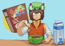 Rule 34 | 1girl, :3, absurdres, animal ears, bowl, brown hair, cereal, cereal box, chanta (ayatakaoisii), chen, earrings, food, green hat, hat, highres, holding, holding spoon, jewelry, long sleeves, looking at viewer, milk, milk carton, mob cap, red vest, shirt, short hair, smile, solo, spoon, touhou, upper body, vest, white shirt