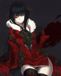 Rule 34 | 1girl, 92m, arm support, armor, black background, black gloves, black hair, black thighhighs, bodysuit, cape, gloves, headgear, horns, long hair, lord of vermilion, red eyes, rishia, simple background, sitting, solo, thighhighs, zettai ryouiki