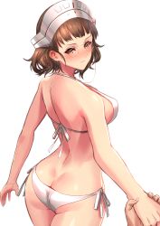 Rule 34 | 10s, 1girl, ass, bikini, blush, breasts, brown eyes, brown hair, butt crack, dimples of venus, eyewear strap, glasses, highres, holding hands, kantai collection, pince-nez, roma (kancolle), short hair, side-tie bikini bottom, sigm@, simple background, solo focus, swimsuit, white background, white bikini