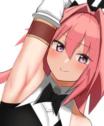 Rule 34 | 1boy, arm up, armpit focus, armpits, astolfo (fate), astolfo (saber) (fate), bad id, bad pixiv id, bare shoulders, black neckwear, black ribbon, blush, detached sleeves, fate/grand order, fate (series), foolfool 45, hair intakes, highres, long hair, looking at viewer, male focus, pink hair, purple eyes, ribbon, simple background, smile, solo, trap, white background