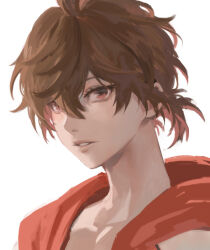 Rule 34 | 1boy, ahoge, alternate hairstyle, brown hair, commentary request, expressionless, granblue fantasy, hair between eyes, hood, hood down, jacket, looking at viewer, male focus, messy hair, parted lips, portrait, red eyes, sandalphon (granblue fantasy), short hair, short ponytail, solo, tekki (tki), white background