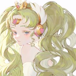 Rule 34 | 1girl, bare shoulders, blue eyes, blush, colored eyelashes, crown, falulu, forehead jewel, green hair, hair focus, headphones, highres, long hair, looking at viewer, looking back, parted bangs, parted lips, pretty series, pripara, sidelocks, sikaku, simple background, solo, twintails, upper body, wavy hair, white background, wing hair ornament