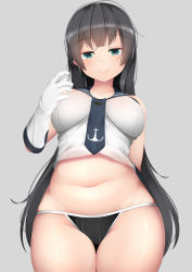 Rule 34 | 1girl, agano (kancolle), aqua eyes, arms behind back, bad id, bad pixiv id, black hair, black necktie, black panties, black sailor collar, blush, breasts, closed mouth, collarbone, commentary request, cowboy shot, from below, gloves, grey background, groin, half-closed eyes, hand up, kantai collection, large breasts, long hair, looking at viewer, looking down, navel, ne an ito, necktie, panties, plump, sailor collar, shiny skin, shirt, simple background, sleeveless, sleeveless shirt, smile, smug, solo, stomach, thighs, underwear, very long hair, white gloves, white shirt