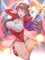 Rule 34 | 1girl, blue eyes, brown hair, covered erect nipples, groin, hair ribbon, heaven dancer, highres, holding, holding wand, kous (onetwojustice), leotard, long hair, looking at viewer, one eye closed, open mouth, red footwear, red ribbon, ribbon, saga, saga frontier, shoes, solo, star (symbol), teeth, upper teeth only, very long hair, wand, white wings, wings