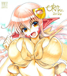 Rule 34 | 1girl, 2020, :d, breasts, commentary request, covered erect nipples, fang, hair between eyes, hair ornament, hairclip, lamia, large breasts, long hair, looking at viewer, miia (monster musume), monster girl, monster musume no iru nichijou, open mouth, pointy ears, red hair, scales, shirt, smile, solo, tail, tied shirt, upper body, uran (uran-factory), yellow eyes