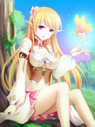 Rule 34 | 1girl, bare shoulders, blonde hair, breasts, butterfly hair ornament, detached sleeves, elf, fairy, hair ornament, long hair, looking at viewer, mao a mi mi, original, pointy ears, sitting, skirt, solo, tree