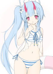 Rule 34 | 1girl, alternate costume, bikini, blue archive, blue hair, blush, breasts, chise (blue archive), chise (swimsuit) (blue archive), flat color, flower, hair between eyes, hair flower, hair ornament, halo, highres, horns, long hair, looking at viewer, multicolored bikini, multicolored clothes, oni horns, ponytail, red eyes, red horns, ryosuke0621, side-tie bikini bottom, simple background, sitting, small breasts, solo, swimsuit, white background
