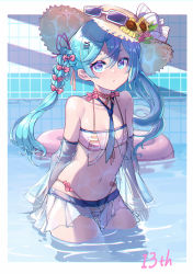 Rule 34 | 1girl, absurdres, bikini, blue eyes, blue hair, blue necktie, chromatic aberration, cowboy shot, detached sleeves, eyewear on headwear, hair between eyes, hair ornament, hairclip, hat, hatsune miku, highres, innertube, lajiang, long hair, looking at viewer, navel, necktie, partially submerged, pool, see-through, skirt, solo, striped bikini, striped clothes, sun hat, swim ring, swimsuit, twintails, vocaloid, wading, water