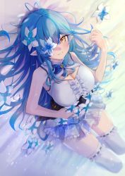 Rule 34 | 1girl, absurdres, ahoge, bed sheet, blue bow, blue flower, blue hair, blush, bow, breasts, cleavage, cleavage cutout, closed mouth, clothing cutout, eyelashes, flower, flower over eye, frilled skirt, frilled thighhighs, frills, glint, hair between eyes, highres, hololive, light particles, light rays, long eyelashes, long hair, looking at viewer, lying, multicolored hair, on back, pointy ears, see-through, see-through skirt, setokane, skirt, smile, snowflake print, solo, streaked hair, thighhighs, virtual youtuber, white flower, white thighhighs, yellow eyes, yukihana lamy