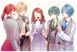 Rule 34 | 1girl, 4boys, alcohol, anniversary, blonde hair, blue hair, blue neckwear, brown eyes, brown hair, buttoned cuffs, buttons, champagne, closed eyes, copyright name, crossed arms, green hair, green neckwear, highres, hiyama takaomi, izumi rei (stand my heroes), kagura aki, long sleeves, maki keita, multiple boys, ootani hitori, purple eyes, red hair, rimecandy, simple background, stand my heroes, standing, vest