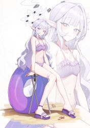 Rule 34 | 1girl, absurdres, animal, bikini, blue archive, blush, breasts, cleavage, closed mouth, collarbone, crab, grey hair, halo, highres, himari (blue archive), innertube, jewelry, long hair, looking at viewer, mole, mole under eye, navel, necklace, pointy ears, purple bikini, purple eyes, purple halo, sandals, small breasts, smile, solo, sunglasses, swim ring, swimsuit, thigh strap, toes, unworn eyewear, zanya 000, zoom layer