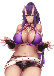 Rule 34 | 1girl, bb (fate), bb (fate) (all), bb (swimsuit mooncancer) (fate), bb (swimsuit mooncancer) (fate) (cosplay), bb (swimsuit mooncancer) (second ascension) (fate), belt, bikini, black gloves, black shorts, blush, breasts, cleavage, closed mouth, commission, cosplay, covered erect nipples, cowboy shot, criss-cross halter, fang, fate (series), fingerless gloves, gloves, hair between eyes, halterneck, horns, large breasts, long hair, looking at viewer, loose belt, megatama, micro shorts, oni horns, original, ponytail, purple bikini, purple eyes, purple hair, ribbon, shiny skin, shorts, smile, solo, swimsuit, tan, very long hair, white belt