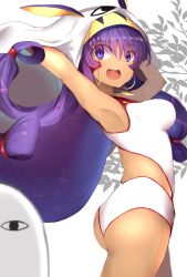 Rule 34 | 1girl, absurdres, armpits, arms up, ass, blush, breasts, dark-skinned female, dark skin, earrings, fate/grand order, fate (series), highres, hoop earrings, jewelry, large breasts, looking at viewer, medjed (fate), nitocris (fate), nitocris (fate/grand order), nitocris (swimsuit assassin) (fate), nitocris (swimsuit assassin) (second ascension) (fate), one-piece swimsuit, purple eyes, purple hair, ranf, smile, solo, swimsuit