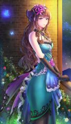 Rule 34 | :d, absurdres, bad id, bad pixiv id, blush, brick wall, bug, butterfly, criss-cross halter, dress, elbow gloves, floral print, flower, fur trim, gloves, glowing butterfly, green dress, hair flower, hair ornament, halterneck, hattori toko, hibiscus, highres, idolmaster, idolmaster cinderella girls, insect, lace, lace gloves, long hair, looking at viewer, night, night sky, nyome991, open mouth, pink flower, plant, purple eyes, purple flower, sky, sleeveless, sleeveless dress, smile, solo, sparkle, star (sky), starry sky, wavy hair, yellow flower