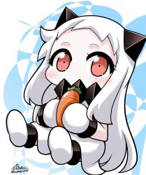 Rule 34 | 1girl, abyssal ship, artist name, carrot, dress, food, holding, holding food, horns, kantai collection, long hair, mittens, northern ocean princess, red eyes, signature, solo, twitter username, vegetable, white dress, white hair, yamato nadeshiko