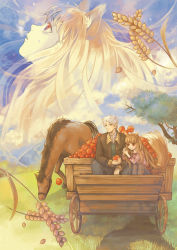 Rule 34 | 1boy, 1girl, animal ears, apple, brown hair, craft lawrence, food, fruit, height difference, highres, hinata (rbkq), holo, horse, long hair, looking up, profile, sitting, size difference, spice and wolf, tail, tears, very long hair, wagon, wheat, white hair, wolf ears, wolf tail