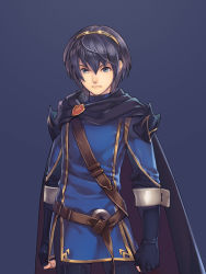 Rule 34 | 1girl, androgynous, armor, blue background, blue eyes, blue gloves, blue hair, cape, clenched hands, fingerless gloves, fire emblem, fire emblem awakening, gloves, haccaadi, hair between eyes, lucina (fire emblem), marth (fire emblem awakening), matching hair/eyes, nintendo, pauldrons, reverse trap, short hair, shoulder armor, simple background, solo, spoilers, striped legwear, tiara, tunic, vertical-striped legwear