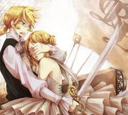 Rule 34 | 1boy, 1girl, aqua eyes, blonde hair, brother and sister, covering privates, covering face, covering own eyes, dress, hand on another&#039;s face, kagamine len, kagamine rin, pirate, short hair, shouyu meshi, siblings, strapless, strapless dress, sword, turatura, twins, vocaloid, weapon