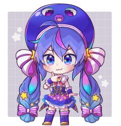 Rule 34 | 1girl, :3, ahoge, animal hat, aqua hair, arm at side, blue eyes, blue footwear, blue hair, blue hat, blue skirt, blue wrist cuffs, blush, boots, border, bow, buttons, center frills, chibi, chibi only, collared shirt, cross-eyed, eel hat, finger to own chin, frilled skirt, frilled wrist cuffs, frills, full body, gradient hair, gradient skirt, grey background, grid background, hair ornament, hat, highres, large hat, long hair, low-braided long hair, low-tied long hair, multicolored eyes, multicolored hair, neck ribbon, otomachi una, otomachi una (sugar), pink eyes, pink hair, purple bow, purple eyes, purple skirt, red ribbon, ribbon, shirt, skirt, sleeveless, sleeveless shirt, solo, standing, star (symbol), star hair ornament, star in eye, streaked hair, striped bow, symbol in eye, twintails, v-shaped eyebrows, very long hair, vocaloid, white border, white bow, white shirt, wrist cuffs, ysaster02