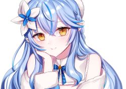 Rule 34 | 1girl, bare shoulders, beret, blue hair, blush, braid, flower, french braid, fur-trimmed jacket, fur trim, hair flower, hair ornament, hat, head rest, highres, hololive, jacket, long hair, mitsuki mochi, open clothes, open jacket, pointy ears, shirt, sidelocks, simple background, smile, solo, virtual youtuber, white background, white shirt, yellow eyes, yukihana lamy
