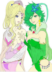 Rule 34 | 1990s (style), armor, ass, belt, blonde hair, blue eyes, breast press, breasts, bridal gauntlets, cape, cleavage, detached sleeves, earrings, final fantasy, final fantasy iv, green eyes, green hair, hair ornament, holding hands, horns, jewelry, large breasts, leotard, long hair, aged up, ponytail, rosa farrell, rydia (ff4), shuninshunin, smile, star (symbol), symmetrical docking, tiara