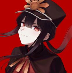 Rule 34 | 1boy, black cape, black hair, cape, family crest, fate/grand order, fate (series), hair between eyes, hat, head tilt, light smile, looking at viewer, low ponytail, military hat, oda nobukatsu (fate), oda uri, red background, red eyes, shako cap, sidelocks, simple background, solo, trap, yzrh0