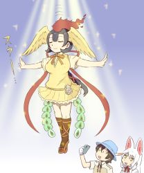 Rule 34 | 1boy, 2girls, absurdly long hair, animal ears, bare arms, bird tail, bird wings, black hair, brown hair, captain (kemono friends), cellphone, closed mouth, closed eyes, floating, fox ears, gloves, hair between eyes, hat, hat feather, head wings, hi no tori, hi no tori (kemono friends), highres, holding, holding phone, kemono friends, kemono friends 3, long hair, looking at another, miniskirt, multicolored hair, multiple girls, neck ribbon, oinari-sama (kemono friends), outstretched arms, pervert, phone, pleated skirt, red hair, ribbon, sakuragi rian, shirt, short hair, short sleeves, skirt, smartphone, smile, socks, spread arms, sweater vest, tail, taking picture, twintails, two-tone hair, very long hair, white hair, wings, yellow eyes