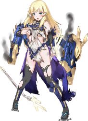 Rule 34 | 1girl, artist request, bare shoulders, blonde hair, blue eyes, blush, broken, broken sword, broken weapon, covering privates, covering breasts, detached sleeves, dual wielding, full body, hair ornament, holding, holding sword, holding weapon, long hair, odani (oshiro project), official art, open mouth, oshiro project:re, oshiro project:re, solo, sword, thighhighs, torn clothes, torn thighhighs, transparent background, weapon