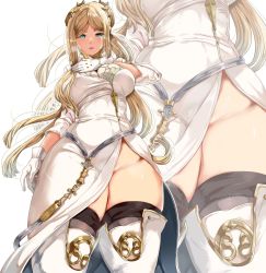 Rule 34 | 1girl, belt, blonde hair, blue eyes, blush, breasts, dress, gloves, groin, hair ornament, hand on own chest, highres, long hair, looking at viewer, multiple views, nier:automata, nier (series), parted bangs, parted lips, simple background, thighhighs, very long hair, white background, white gloves, yac (mokkori), commander (nier:automata)