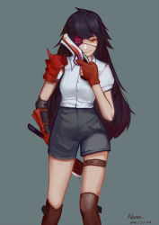 Rule 34 | 1girl, armor, artist name, black hair, blood, cleaver, dated, dripping, eyepatch, fingerless gloves, gloves, long hair, looking at viewer, neras, original, shorts, shoulder armor, slit pupils, smile, smirk, solo, thigh strap, weapon, yellow eyes