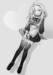 Rule 34 | 1girl, akamatsu kaede, alternate costume, apron, breasts, commentary, danganronpa (series), danganronpa v3: killing harmony, dress, enmaided, fortissimo, frilled apron, frills, full body, grey background, greyscale, hair ornament, hairband, highres, large breasts, long hair, long sleeves, looking at viewer, maid, maid apron, mary janes, monochrome, musical note, musical note hair ornament, open mouth, ribbon, shiny skin, shoes, short dress, solo, symbol-only commentary, thighhighs, zang li, zettai ryouiki