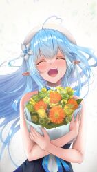 Rule 34 | 1girl, absurdres, ahoge, bare shoulders, beret, blue bow, blue bowtie, blue hair, blue headwear, blue skirt, blush, bouquet, bow, bowtie, closed eyes, collared shirt, crossed bangs, floating hair, flower, hair flower, hair ornament, hat, highres, holding, holding bouquet, hololive, long hair, open mouth, pointy ears, shirt, sidelocks, simple background, skirt, tatataecho, tearing up, teeth, underbust, upper body, upper teeth only, virtual youtuber, white flower, white shirt, yukihana lamy, yukihana lamy (1st costume)