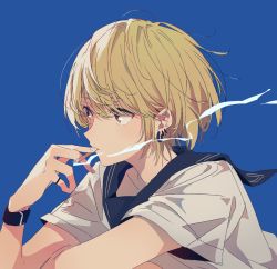 Rule 34 | 1girl, blonde hair, blue background, blue sailor collar, brown eyes, cigarette, commentary request, ear piercing, earrings, hand up, highres, jewelry, musshu (omu001), original, parted lips, piercing, ring, sailor collar, school uniform, serafuku, shirt, short hair, short sleeves, simple background, smoke, smoking, solo, upper body, watch, white shirt, wristwatch