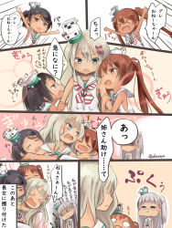 Rule 34 | &gt; &lt;, 4girls, akino shuu, black eyes, black hair, blonde hair, blush, brown eyes, brown hair, comic, dress, emphasis lines, fang, grecale (kancolle), green eyes, grey hair, hair ornament, hairclip, kantai collection, libeccio (kancolle), long hair, maestrale (kancolle), mole, mole under eye, multiple girls, neckerchief, one eye closed, one side up, open mouth, pout, sailor collar, sailor dress, scirocco (kancolle), shaded face, short hair, sleeveless, sleeveless dress, smile, speech bubble, translation request, twintails, twitter username, white dress, white sailor collar