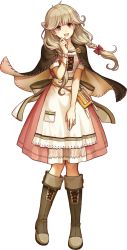 Rule 34 | 1girl, apron, boots, braid, brown eyes, brown hair, capelet, dress, faye (fire emblem), fire emblem, fire emblem echoes: shadows of valentia, fire emblem heroes, full body, highres, knee boots, konfuzikokon, long hair, looking at viewer, low-braided long hair, low-tied long hair, nintendo, official art, open mouth, short sleeves, solo, standing, transparent background, twin braids