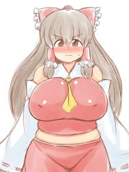 Rule 34 | 1girl, ascot, blush, breasts, brown eyes, brown hair, covered erect nipples, detached sleeves, embarrassed, full-face blush, groin, hair tubes, hakurei reimu, huge breasts, large breasts, long hair, muffin top, no-biru, plump, solo, touhou, traditional media, wavy mouth, weight conscious, wide hips
