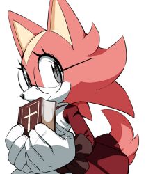 Rule 34 | bible (object), book, dress, furry, furry female, glasses, hirata (pixiv560828), holding, holding book, looking at viewer, mobian, pink hair, red dress, sonic (series), white background