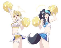 Rule 34 | 2girls, ahoge, animal ears, ass, bare shoulders, black hair, blonde hair, blue archive, blush, braid, breasts, cheering, cheerleader, closed eyes, cowboy shot, crop top, dog ears, dog girl, dog tail, goggles, goggles on head, halo, hibiki (blue archive), hibiki (cheer squad) (blue archive), highres, holding, kotori (blue archive), kotori (cheer squad) (blue archive), long hair, looking at viewer, medium breasts, millennium cheerleader outfit (blue archive), multiple girls, navel, official alternate costume, open mouth, pom pom (cheerleading), red eyes, simple background, skirt, smile, sweatdrop, tail, twintails, ult one, white background, white skirt
