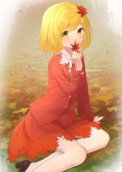 Rule 34 | 1girl, aki shizuha, bare legs, black footwear, blonde hair, blush, buttons, closed mouth, collared shirt, commentary request, hair ornament, hand up, high heels, highres, holding, holding leaf, kanpa (campagne 9), leaf, leaf hair ornament, leaf on head, leaf print, long sleeves, looking at viewer, maple leaf, maple leaf print, on ground, pumps, red shirt, red skirt, shirt, short hair, sitting, skirt, skirt set, smile, solo, touhou, wing collar, yellow eyes, yokozuwari
