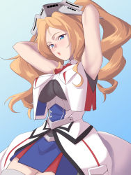 Rule 34 | 1girl, armpits, arms up, blue eyes, blue skirt, breast pocket, breasts, cowboy shot, dress, drill hair, headgear, highres, honolulu (kancolle), kantai collection, large breasts, blue background, multicolored clothes, orange hair, pocket, red neckwear, shingyou (alexander-13), skirt, sleeveless, sleeveless jacket, twin drills, twintails, underboob, white dress