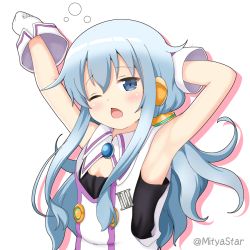 Rule 34 | 1girl, armpits, arms up, bare shoulders, blue eyes, blue hair, blush, chestnut mouth, colored shadow, commentary request, cosplay, dress, drop shadow, gloves, hacka doll, hacka doll 3, hacka doll 3 (cosplay), hair between eyes, hair ornament, hibiki (kancolle), kantai collection, long hair, mitya, one eye closed, open mouth, shadow, sleeveless, sleeveless dress, solo, twitter username, upper body, white background, white dress, white gloves