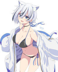 Rule 34 | 1girl, absurdres, animal ear fluff, animal ears, bikini, black bikini, black choker, blue eyes, breasts, choker, commentary request, copyright request, dated, hair between eyes, highres, jacket, kichihachi, large breasts, looking at viewer, navel, short hair, side-tie bikini bottom, simple background, solo, swimsuit, thighs, twitter username, virtual youtuber, white background, white hair, white jacket, zipper